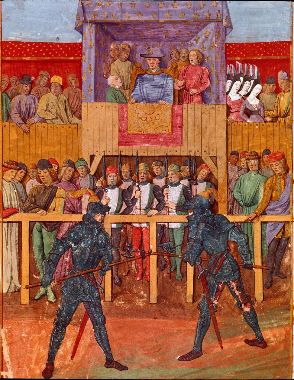 Cena do torneio contra dois cavaleiros em armadura miniatura de "Le Jouvencel" de Jean V de Bueil (1406-1477) de French School