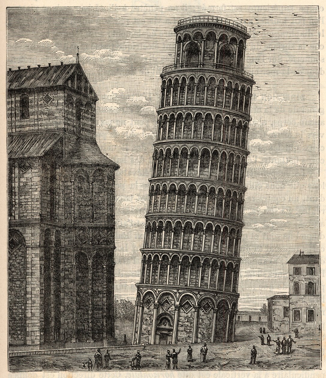 Torre de Pisa - Torre di Pisa - Tour de Pisa - Gravura em "Ciências trazidas à grelha de todos - Física e química popular" por Alexis Clerc - Final do século XIX - Colecção privada de French School