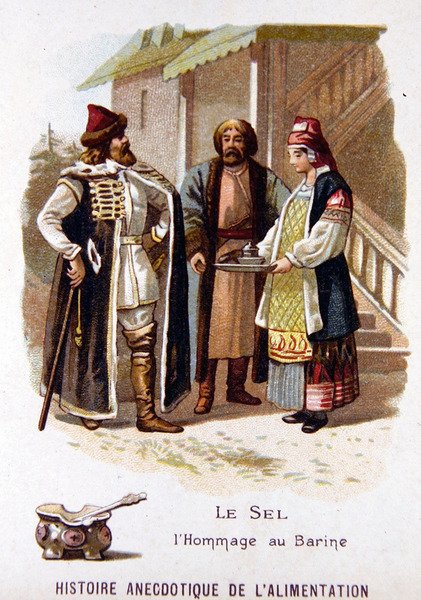 Oferta tradicional russa de pão e sal a um visitante (cor litho) de French School