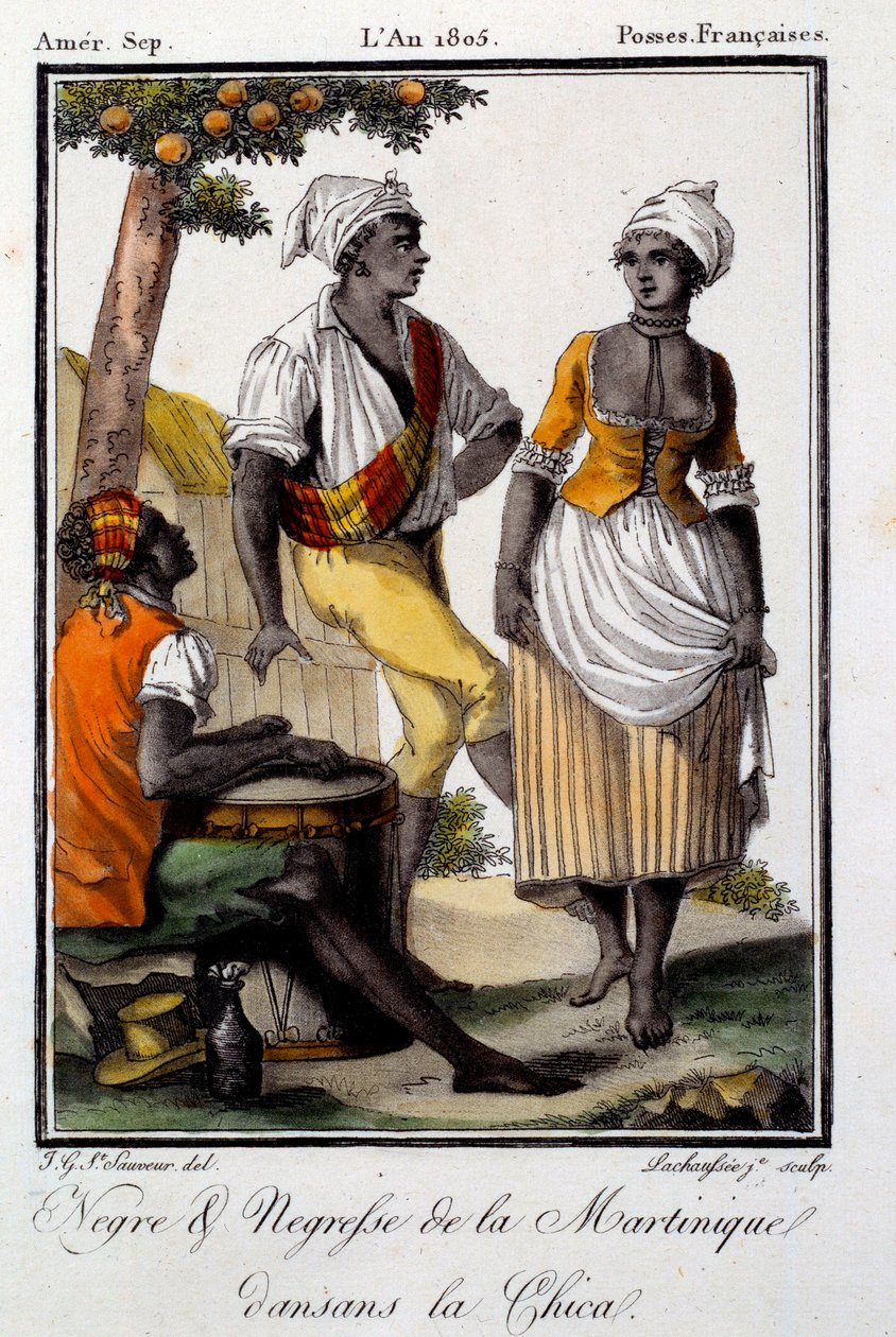 Dança tradicional: habitantes da Martinica dançando chica. Gravura a partir de 1805. Chartres, Museu de Belas Artes de French School