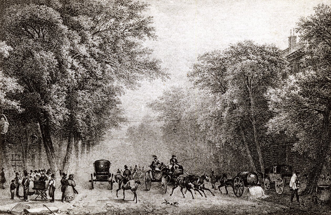 Tráfego em Paris, França, no século XIX, por volta de 1830 de French School