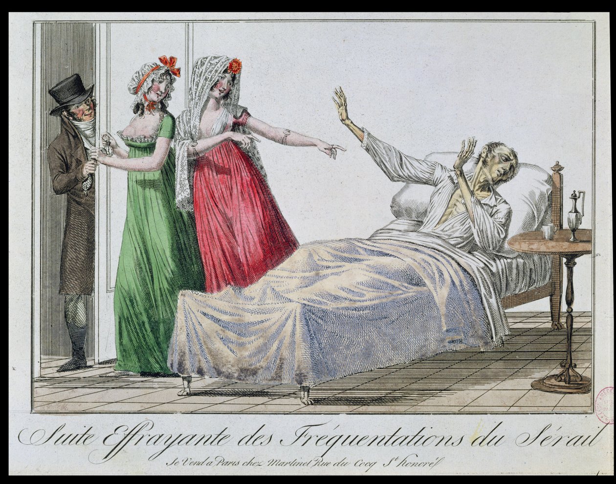 Consequência trágica de freqüentar bordéis, caricatura de um sifilítico, c.1800 (gravura a cores) de French School