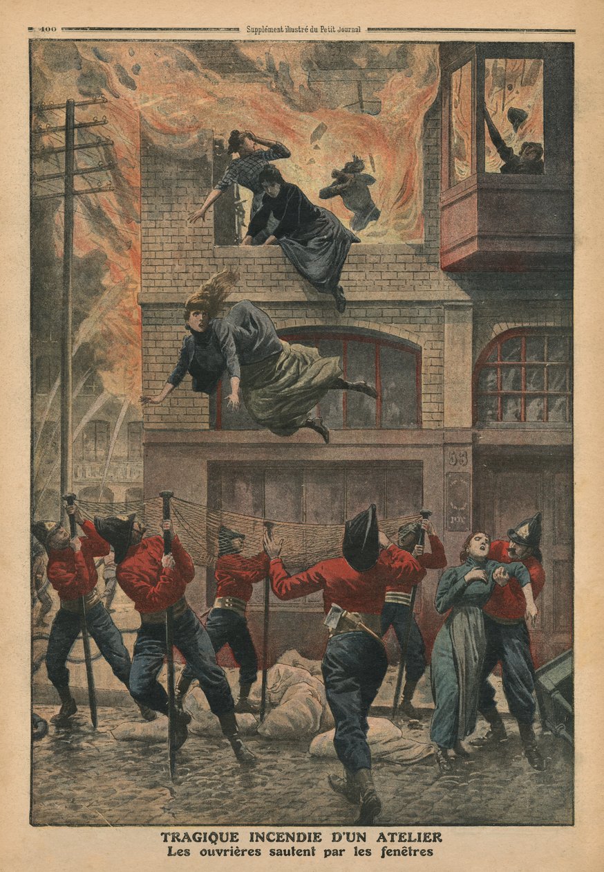 Fogo trágico em uma oficina em Newark, Nova Jersey, ilustração de &39;Le Petit Journal&39;, suplemento illustre, 11 de dezembro de 1910 (cor litho) de French School