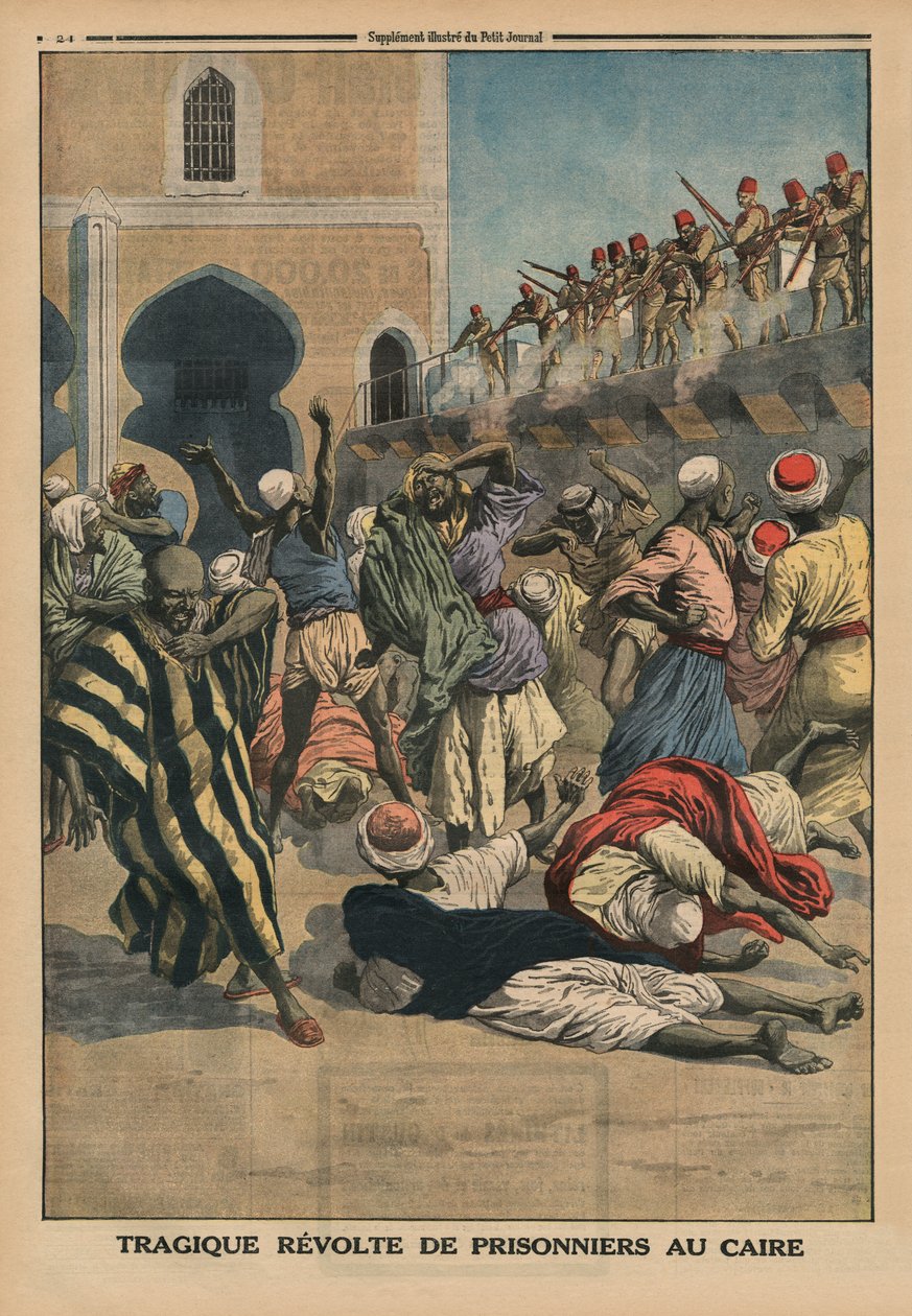 Revolta trágica de prisioneiros no Cairo, ilustração da contracapa do &39;Le Petit Journal&39;, suplemento ilustre, 18 de janeiro de 1914 de French School