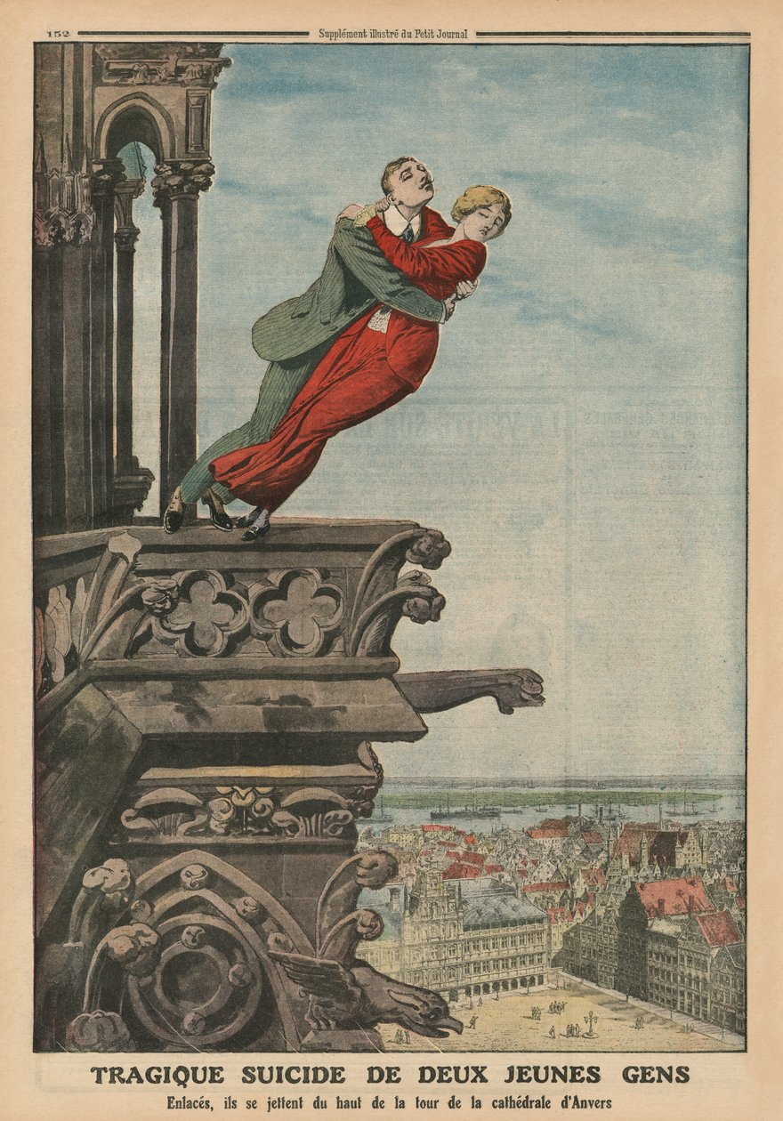 Suicídio trágico de dois jovens da torre da catedral em Antuérpia, ilustração da capa traseira do &39;Le Petit Journal&39;, suplemento ilustre, 11 de maio de 1913 de French School