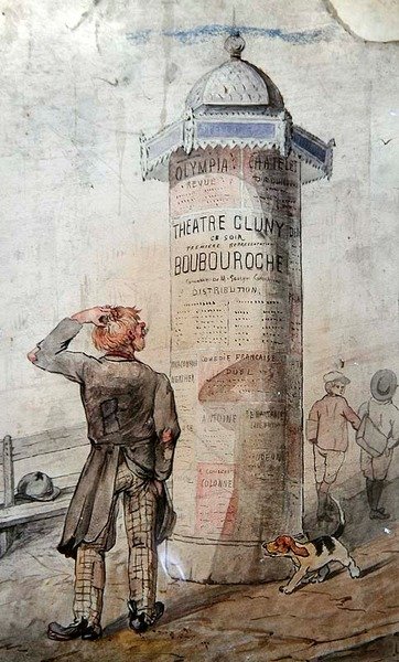 Vagabunda a olhar para um cartaz publicitário da peça "Boubouroche" da Courteline (aguarela sobre papel) de French School