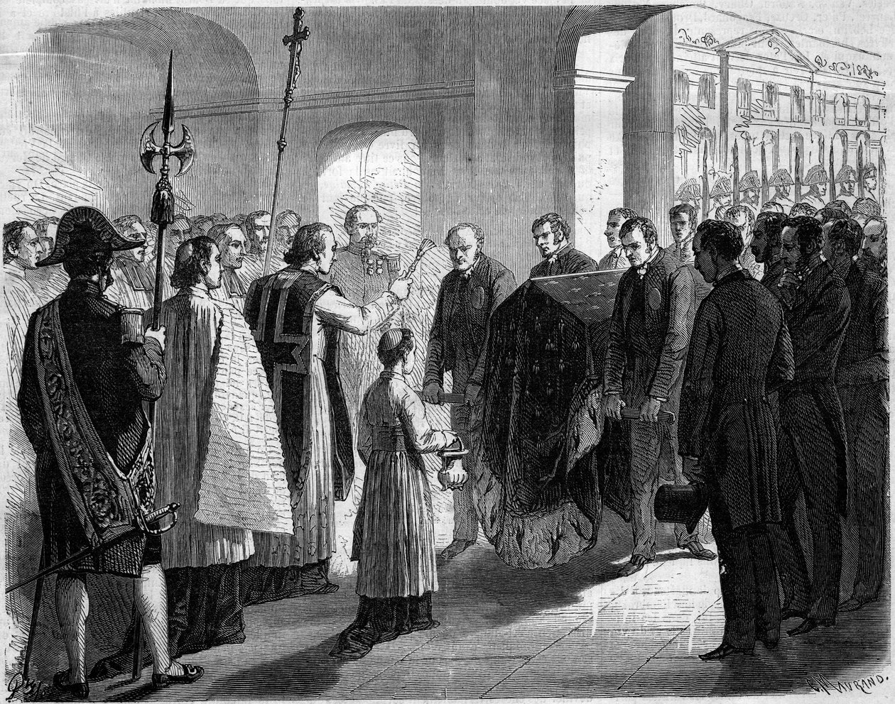 Transferência das cinzas de José Bonaparte (1768-1844), rei de Nápoles e depois de Espanha e irmão de Napoleão I, para a igreja dos Inválidos, Paris. de French School