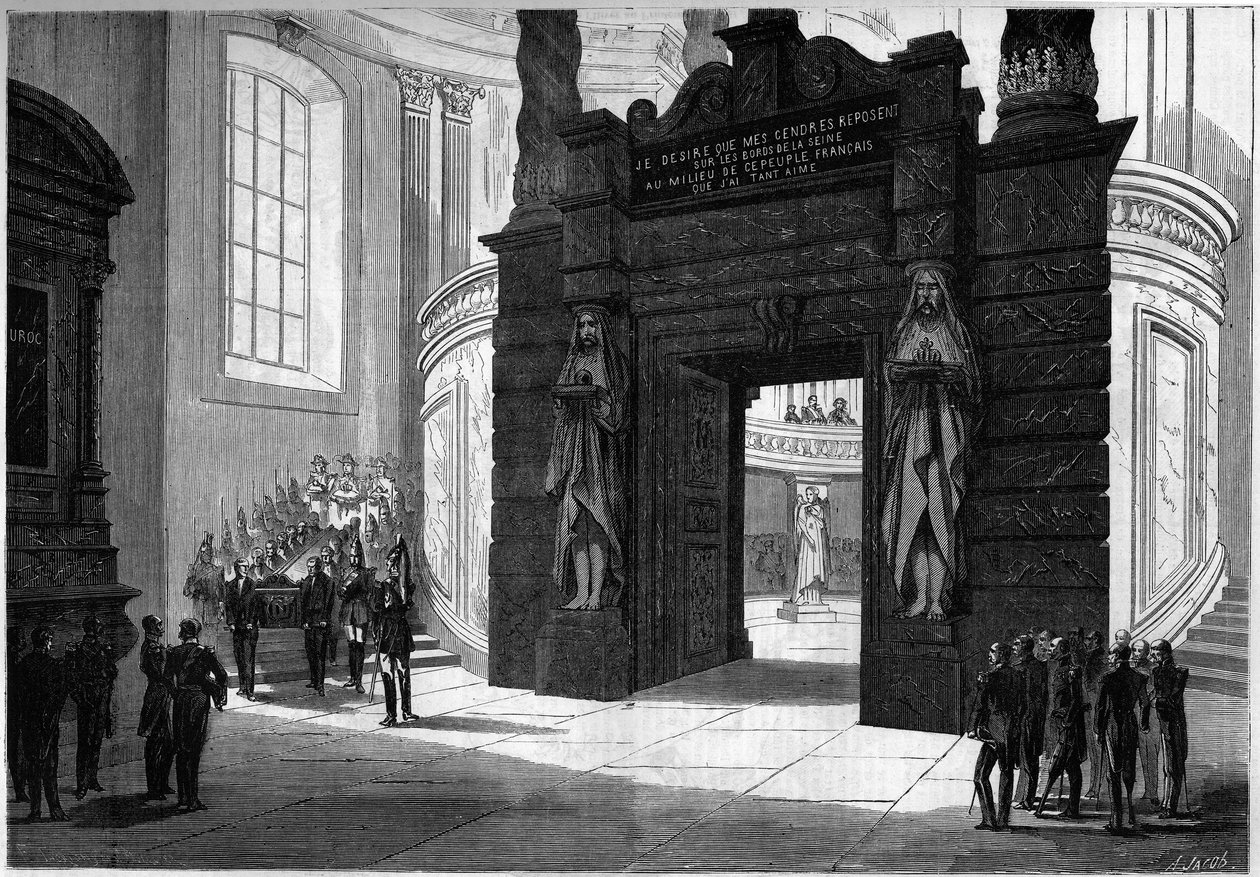 Transferência das cinzas de Napoleão I (1769-1821) da capela de São Jerônimo para o túmulo construído sob a cúpula dos Inválidos. Paris, 2 de Abril de 1861. Gravura no "Le Monde Illustré" n°209 de 13 de Abril de 1861. de French School