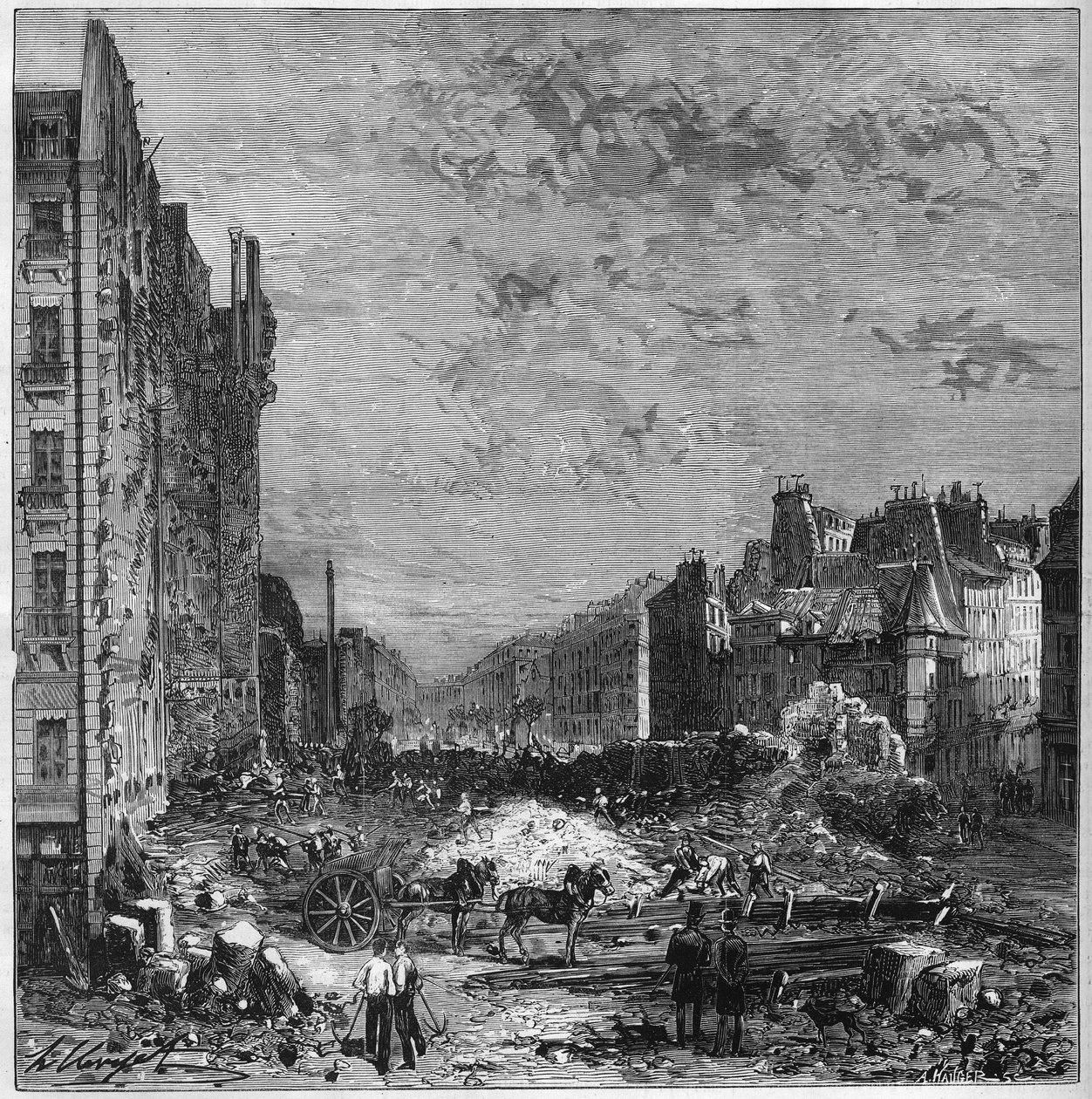 Transformação de Paris sob o Segundo Império: Obras das avenidas Haussmann. Abertura do novo troço entre a rue Hautefeuille e a rue de l