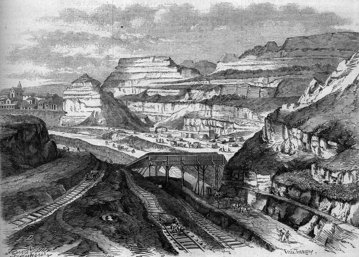 Transformações de Paris sob o Segundo Império, Paris Haussmannian : transformação num parque das pedreiras de gesso de Buttes-Chaumont (Buttes Chaumont). Gravura em "Le Monde Illustre" n°306 de 21 de Fevereiro de 1863. de French School
