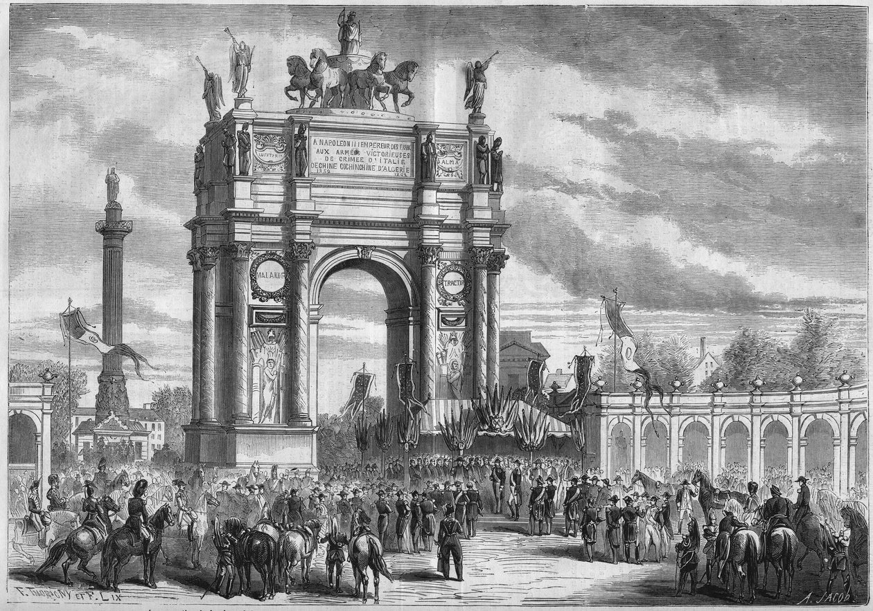 Transformações de Paris sob o Segundo Império, Haussmann Paris: arco do triunfo na inauguração do Boulevard du Prince Eugene (hoje Boulevard Voltaire) por Napoleão III. Gravura no "Le Monde Illustré" n°296 de 13 de Dezembro de 1862. de French School