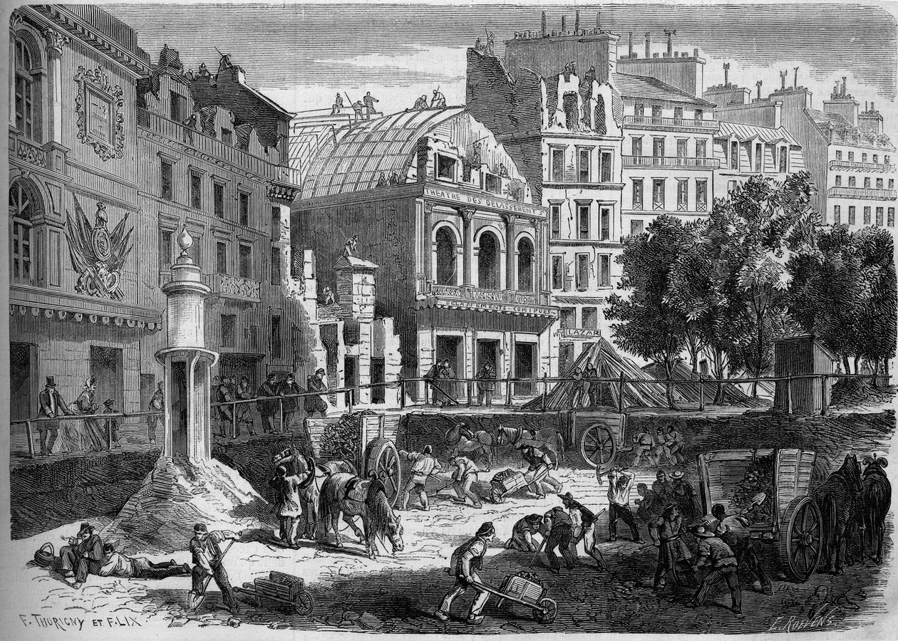 Transformações de Paris sob o Segundo Império, Haussmann Paris: demolição dos teatros do Templo para o piercing do Boulevard du Prince Eugene (hoje, boulevard Voltaire). Gravura no "Le Monde Illustré" n°278 de 9 de Agosto de French School