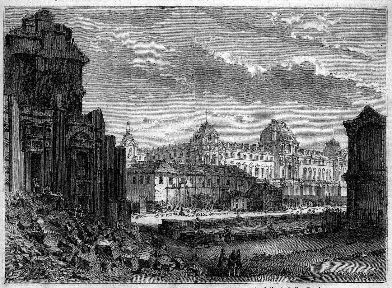 Transformações de Paris sob o Segundo Império, Haussmann Paris: demolição do Pavilhão Flore e obras no pátio das Tuileries - Gravura no "Le Monde Illustré" n°244 de 14 de Dezembro de 1861 de French School