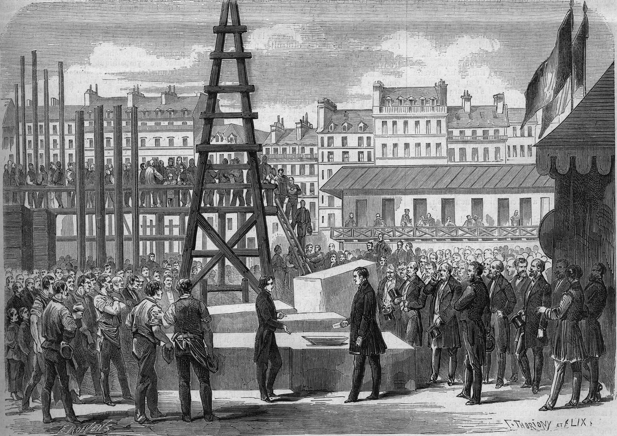 Transformações de Paris sob o Segundo Império, Haussmann Paris: instalação da estreia da Ópera Garnier pelo Ministro de Estado Joseph Alexandre Colonna (1810-1868), Conde Walewski, na presença do arquitecto Charles Garnier (1825-1898) de French School