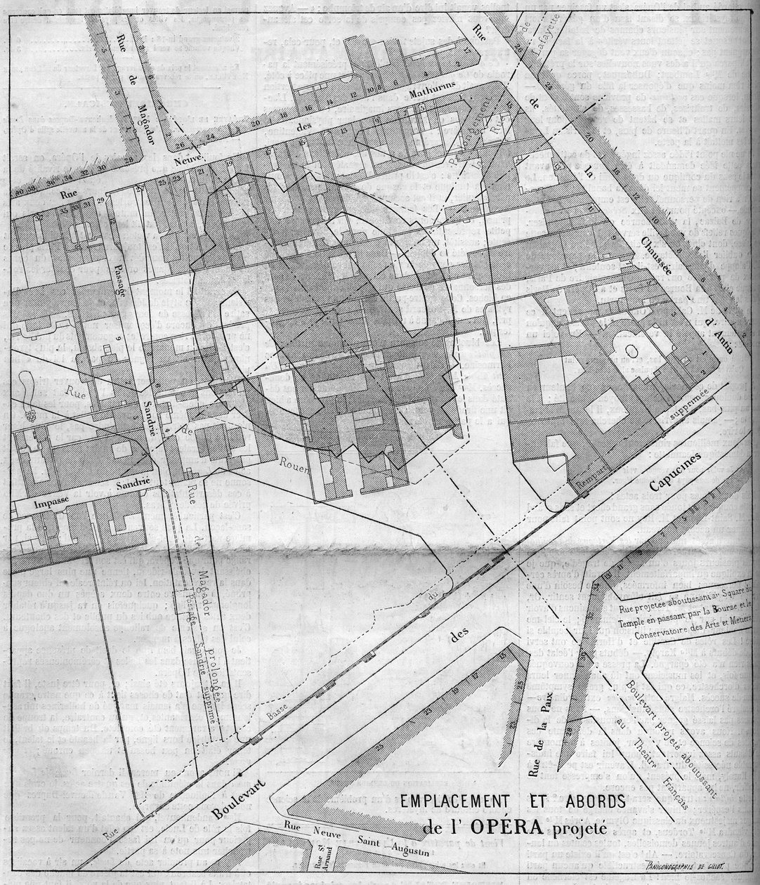 Transformações de Paris sob o Segundo Império, Haussmann Paris: plano projetado da Ópera Garnier em Paris em 1860. Gravura em "Le Monde Illustré" n°183 de 13 de Outubro de 1860. de French School