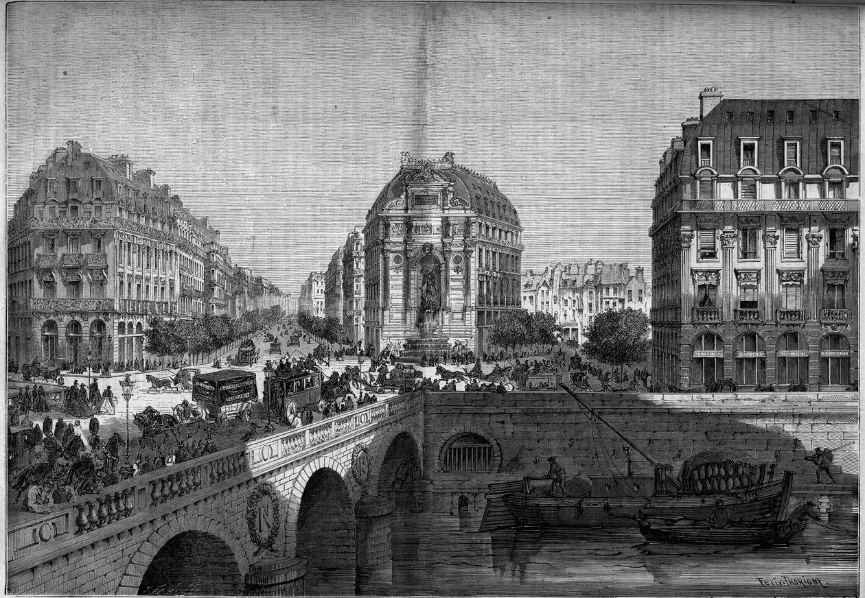 Transformações de Paris sob o Segundo Império, Haussmann Paris: vista da fonte Saint Michel (1860), na Boulevard de Sebastopol. Gravura no "Le Monde Illustré" n°175 de 18 de Agosto de 1860. de French School