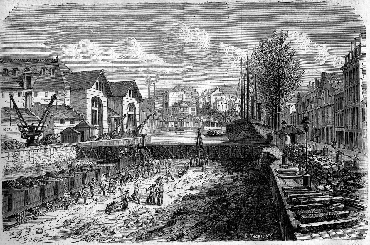 Transformações de Paris sob o Segundo Império, Haussmann Paris: obras realizadas para o rebaixamento da massa de água do Canal Saint Martin. Gravura em "Le Monde Illustré" n°143 de 7 de Janeiro de 1860. de French School