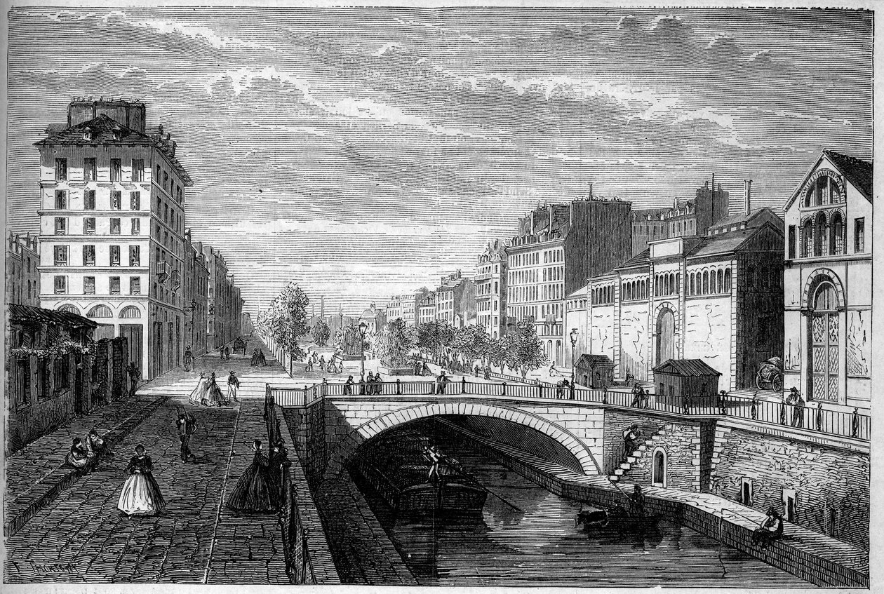 Transformações de Paris sob o Segundo Império, Paris Haussmannian: vista da avenida Richard Lenoir estabelecida na abóbada do Canal Saint Martin. Gravura no "Le Monde Illustré" n°233 de 28 de setembro de French School