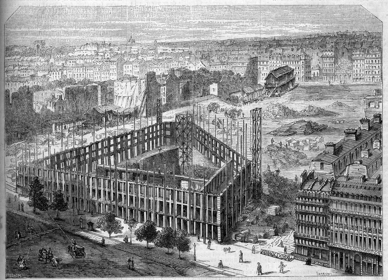 Transformações de Paris sob o Segundo Império, Paris Haussmann: construção do Hotel de la Paix e vista para a localização da futura Opera Garnier, entre as ruas Neuve des Mathurins, Chaussee d