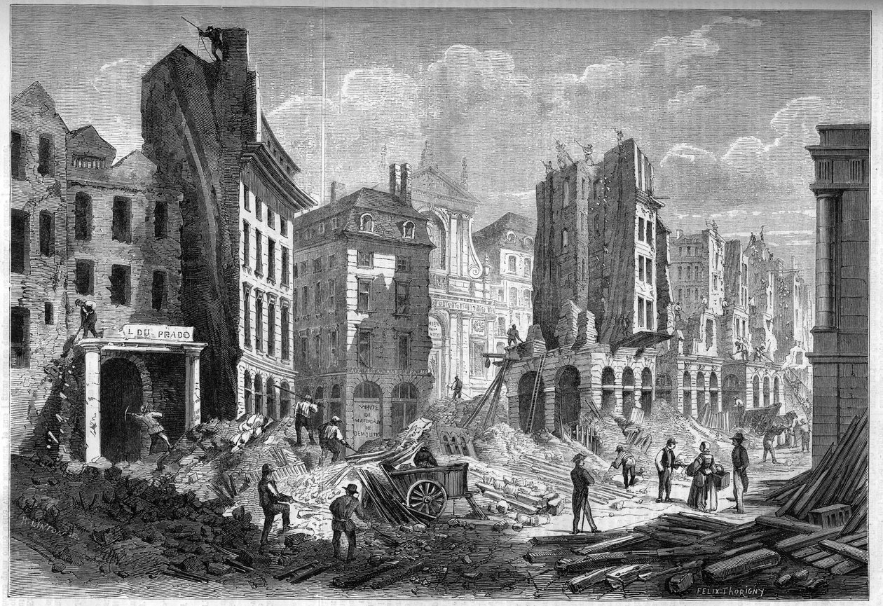 Transformações de Paris sob o Segundo Império, Paris Haussmann: demolição da Rue de la Barillerie para o piercing do Boulevard Sebastopol. Gravura no "Le Monde Illustré" n°126 de 10 de Setembro de 1859. de French School