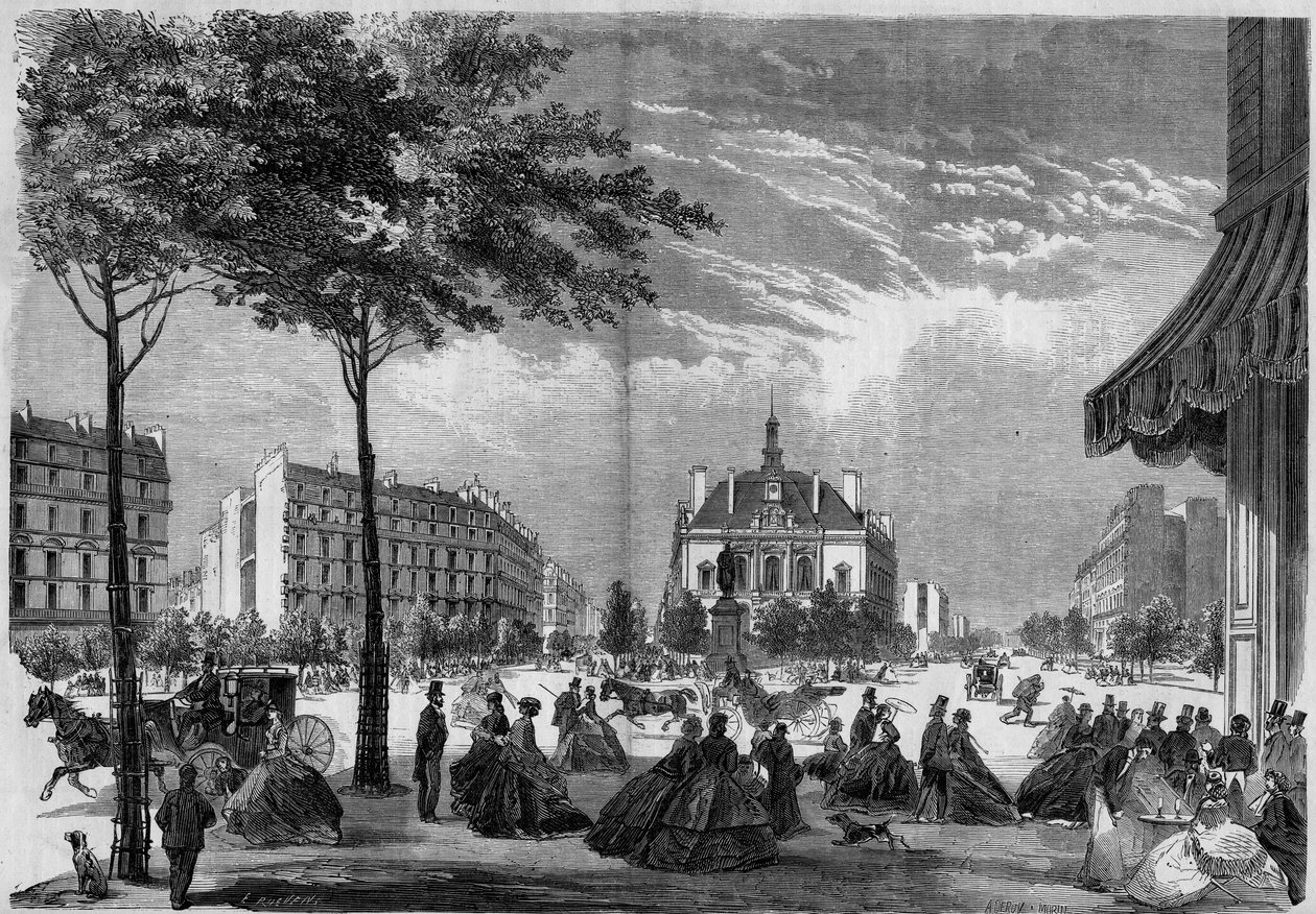 Transformações de Paris sob o Segundo Império, Paris Haussmann: a nova Câmara Municipal do XI Arrondissement em Paris. (Você pode ver Voltaire Boulevard e Parmentier Avenue). Gravidade a partir de 1865. de French School