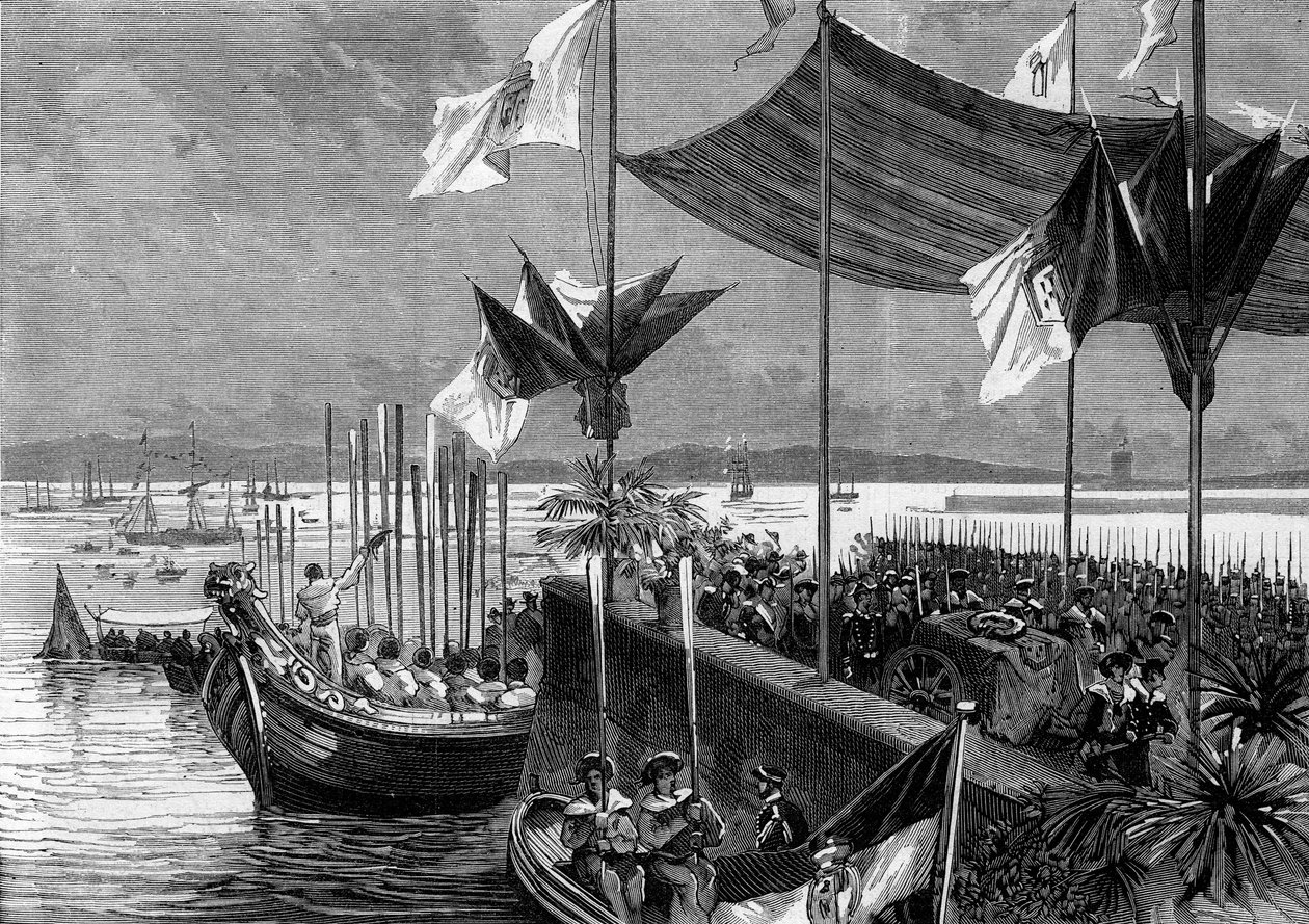 Tradução das cinzas de Luis Vaz de Camoes e Vasco de Gama, Portugal, 9 de Junho de 1880: latido no porto de Belém os restos mortais do poeta Luis Vaz de Camoes conhecido como os Camarões (1525-1580) e do navegador Vasco de Gama (1459-1524). Gravura em "L de French School