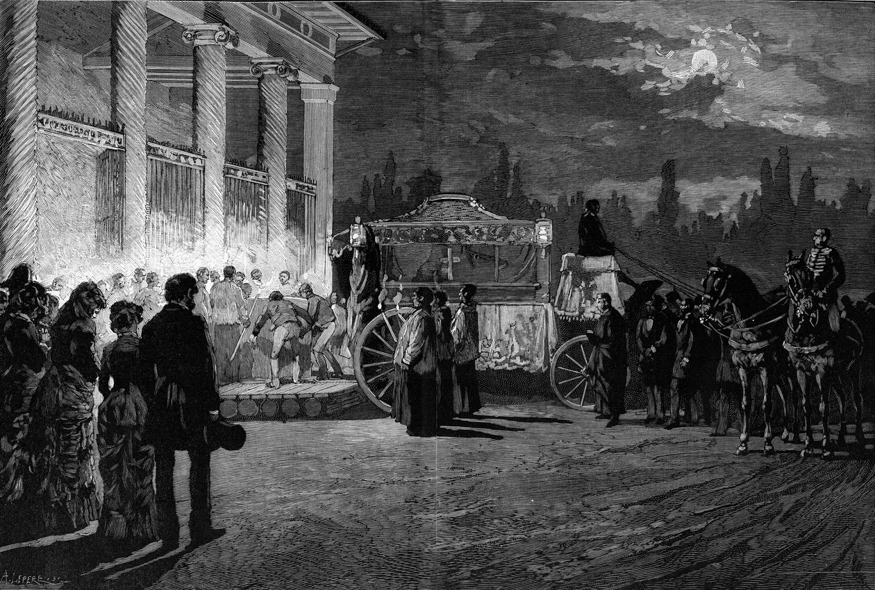 Tradução das cinzas do Papa Pio IX (1792-1878): chegada do cortejo à Igreja de São Lourenço, em Roma, a 12 de Julho de 1881. Gravura de Pelicer no "Le Monde Illustré" n°1271 de 6 de Agosto de 1881. de French School