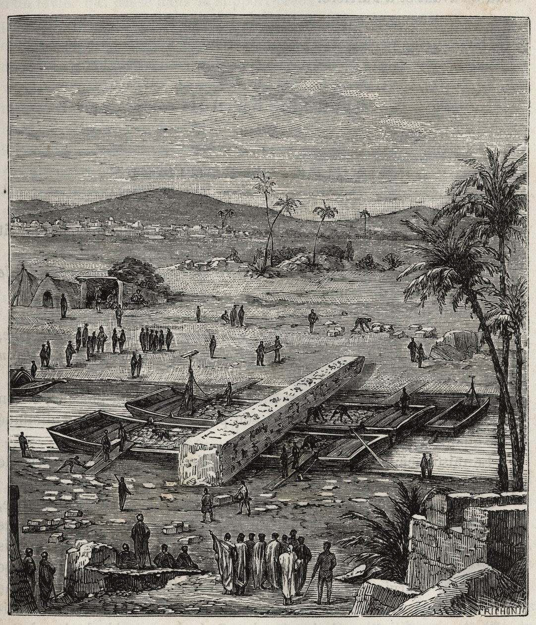 Transporte do obelisco de Ptolemee Philadelphos (Ptolemaios Philadelphos) (Ptolemae II) no Nilo para Alexandria - Gravura em "Ciências disponíveis para todos - Física e química popular" por Alexis Clerc - Fim do século XIX - Colecção privada de French School