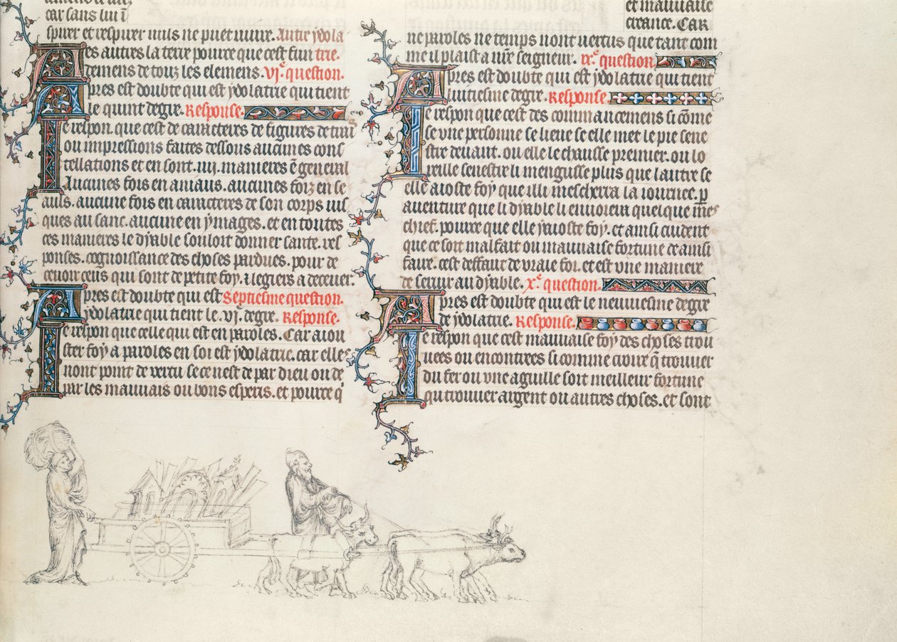 Transportando pertences em uma carroça puxada por bois, miniatura inacabada da Bíblia de Jean de Sy, c.1355 de French School