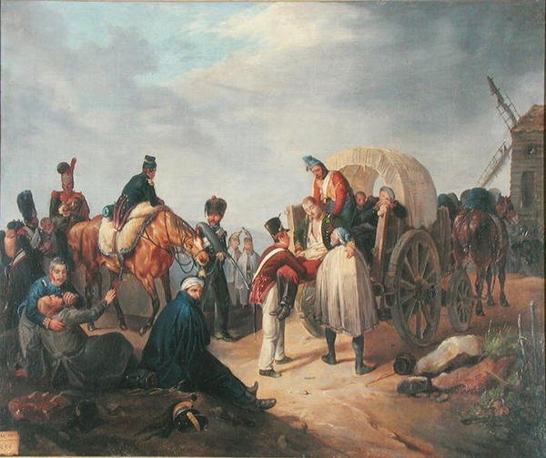 Transporte dos feridos por carro (óleo sobre tela) de French School