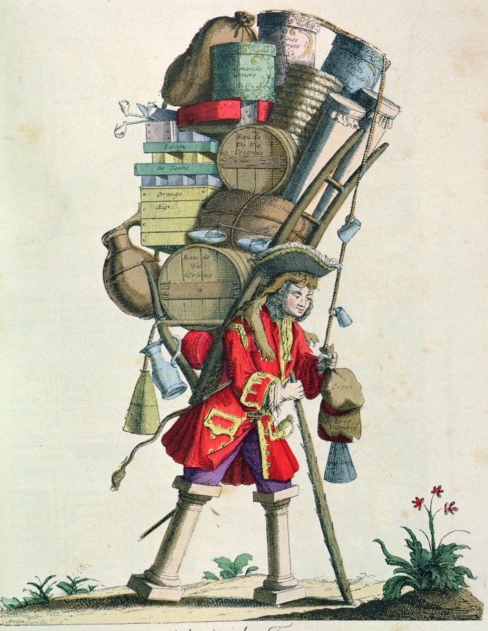 Viajando Spice, licor e remédio vendedor em 1721, de trajes de Paris um Travers les Siecles, publicado de 1887 (gravura de cor) de French School