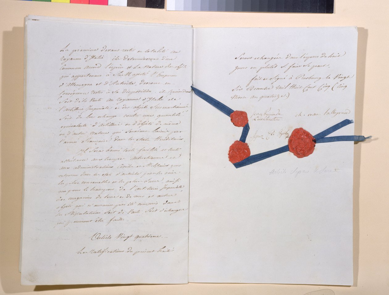 Tratado entre Napoleão I (1769-1821) e Imperador Franz II (1768-1835), assinado em Presburg 26 de dezembro de 1805 (caneta e tinta sobre papel) de French School