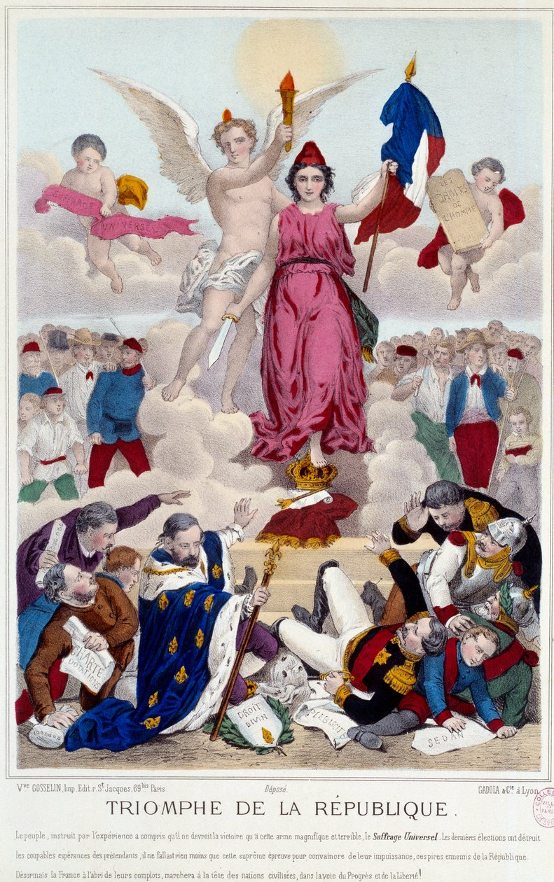 Triunfo da República, gravura de 1875. Alegoria sobre o sufrágio universal que destrói os inimigos da república: "[...] Mas a França está ao abrigo da sua conspiração, caminhando à frente das nações civilizadas na senda do progresso e da liberdade". de French School