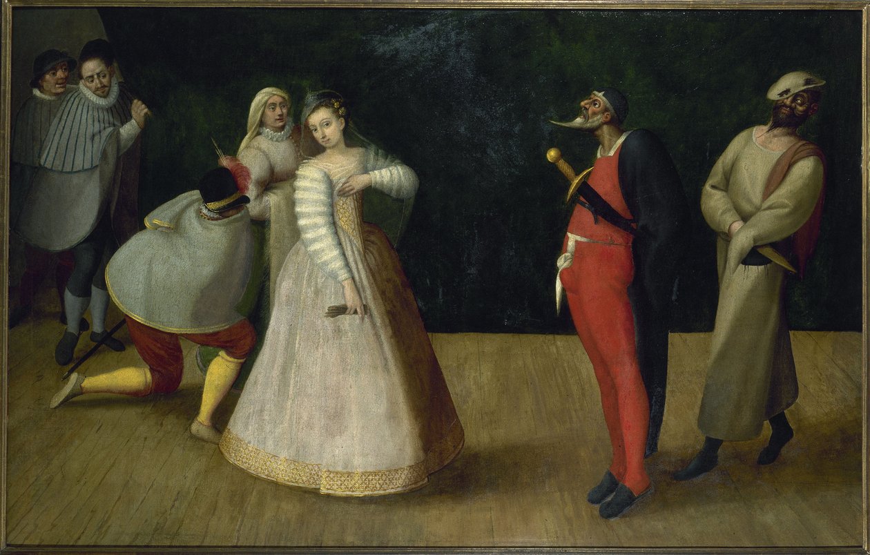 Trupe de comediantes italianos (os Gelosi), cerca de 1580 (óleo) de French School