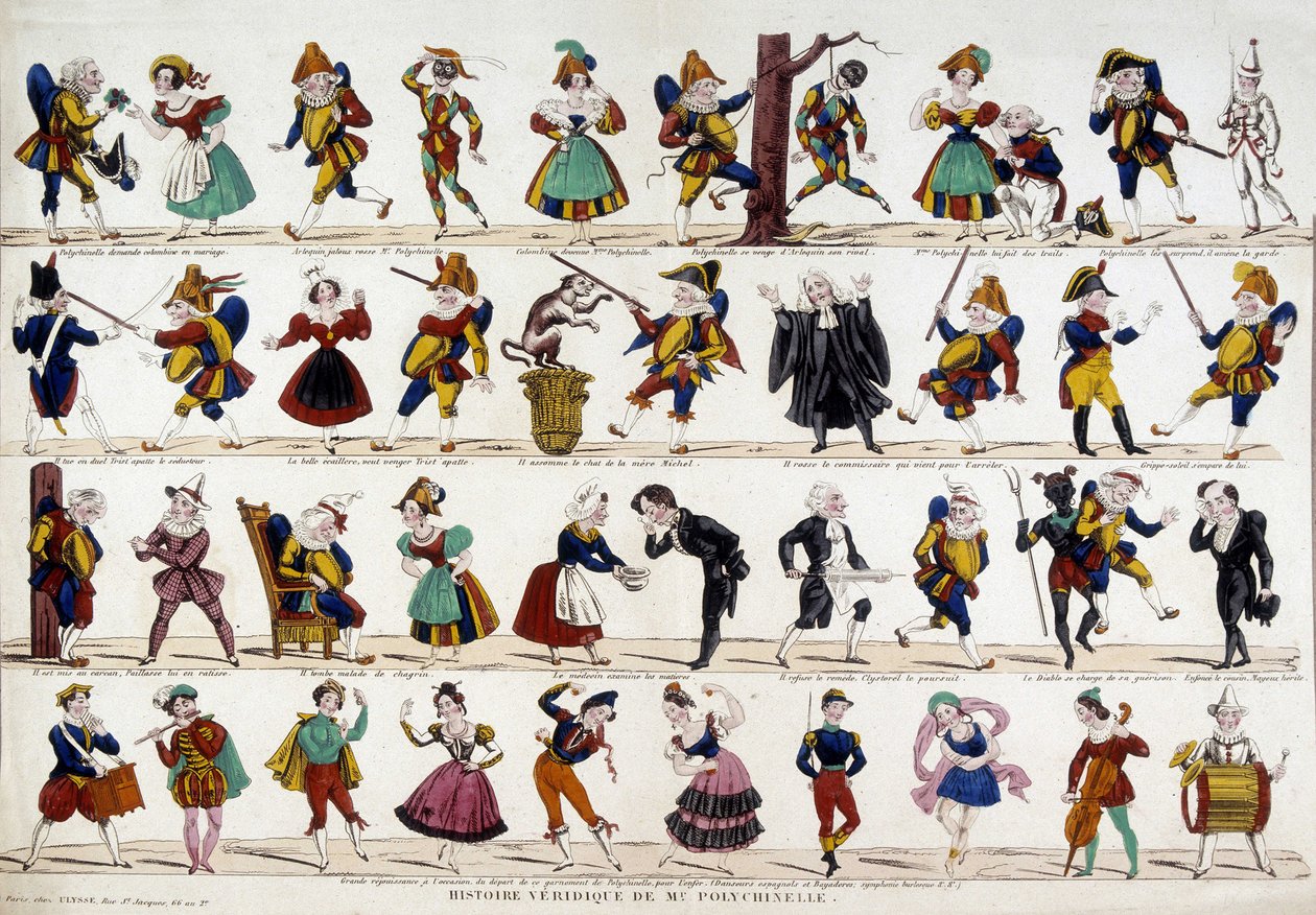 Verdadeira história de Monsieur polychinelle (polichinelle). Imagem de Epinal, sd. Século XIX. de French School