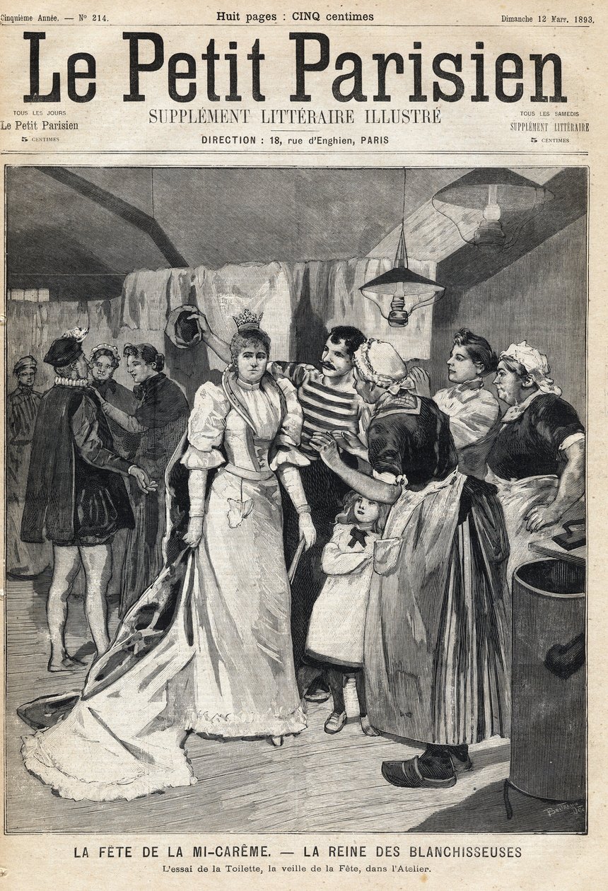 Experimente o banheiro na oficina na véspera do Mi Careme Fete (Mi-Careme): a rainha dos branqueadores. Um dos jornais " Le Petit Parisien" em 03/12/1893 (gravura) de French School