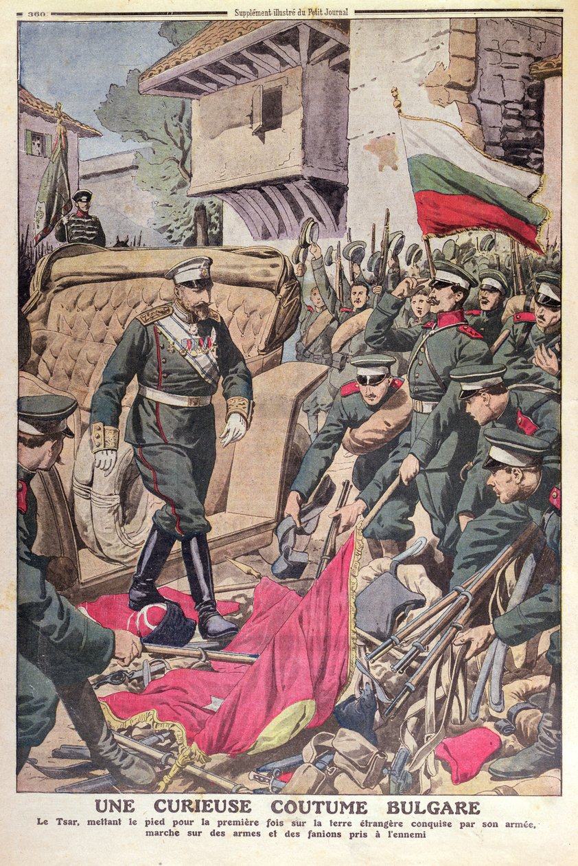 Czar Ferdinand I (1861-1948) da Bulgária caminhando sobre bandeiras capturadas durante a Guerra dos Balcãs de 1912, novembro de 1912 de French School