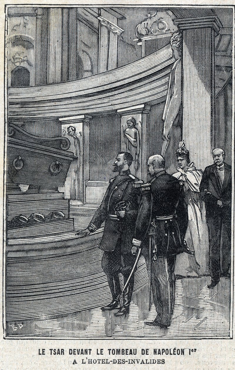 O Czar Nicolau II da Rússia (1868-1918) e a Czarina Alexandra Fiodorovna Romanova (1872-1918) em frente ao túmulo de Napoleão I Bonaparte no Hotel des Invalides em Paris, no "Le Petit Parisien". de French School