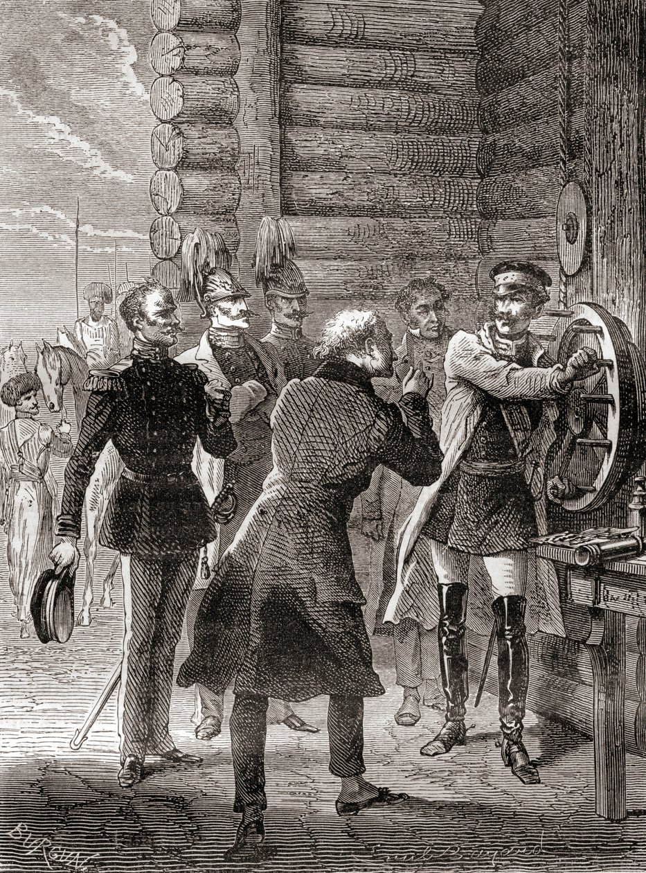 Czar Nicholas I inaugurando a linha telegráfica do semáforo entre Moscou e Varsóvia em 1833, usando uma modificação do sistema de semáforo de Claude Chappe, de Les Merveilles de la Science, publicado c.1870 (gravura) de French School