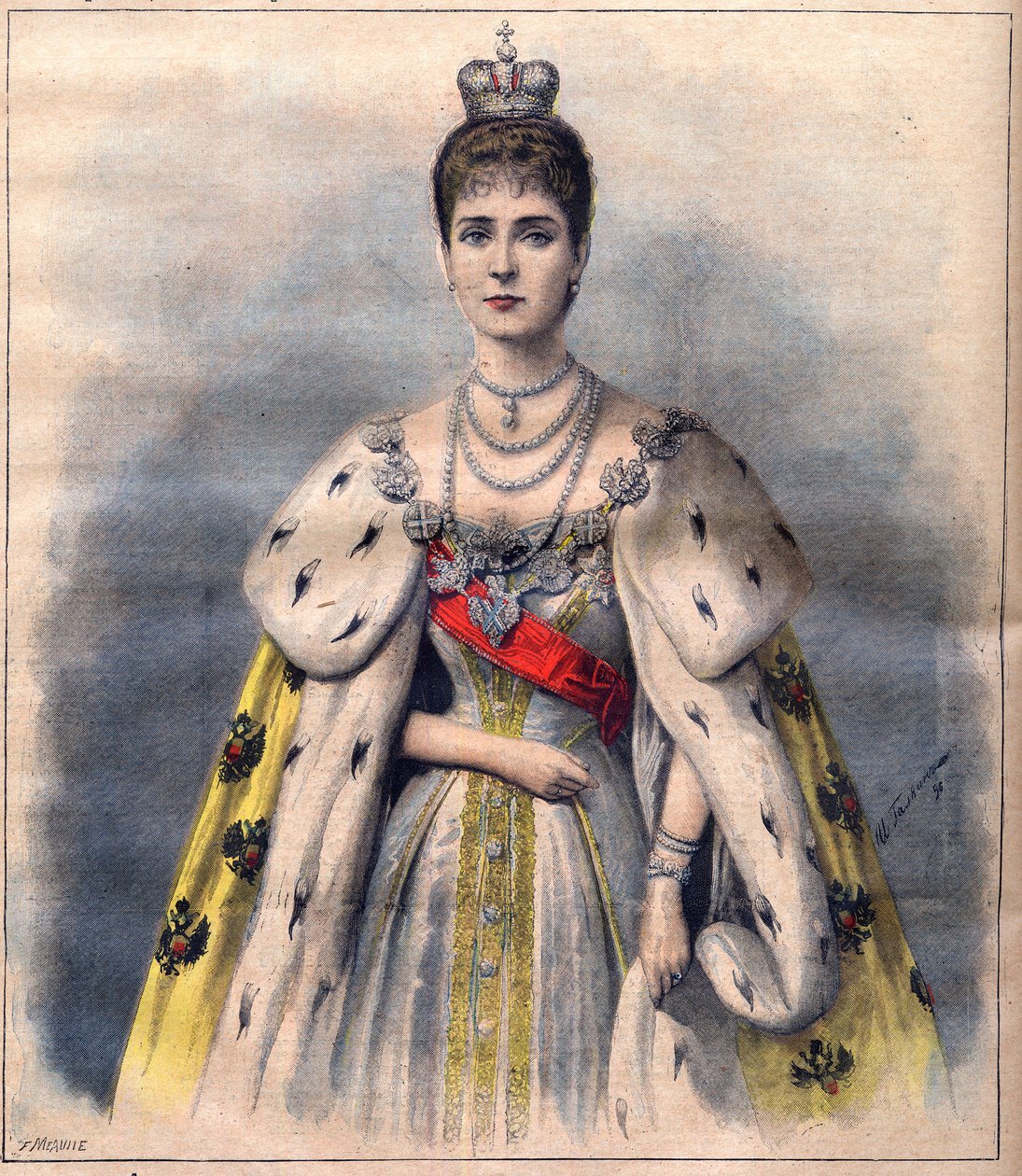 A czarina Alexandra da Rússia em suas vestes de coroação - A czarina Alexandra Fiodorovna com o traje do sagrado. Ilustração para o Jornal Le Petit, 24 de Maio de 1896 (gravura) de French School
