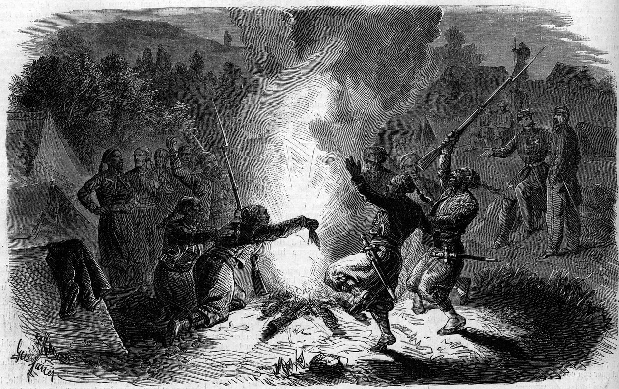 Turcos (pistoleiros argelinos) do exército francês dançando ao redor de uma fogueira de acampamento na qual eles jogam pólvora. Itália, período do Risorgimento de French School