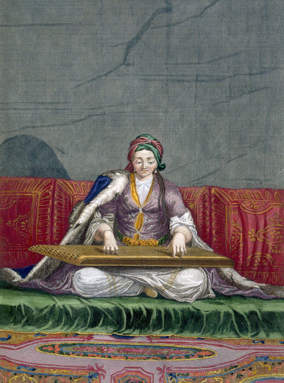 Menina turca tocando um instrumento de arrancar o teclado, da coleção de cem impressões representando as diferentes nações do Levante por Charles de Ferriol, gravado por Gerard Scotin (1671-1716) de French School