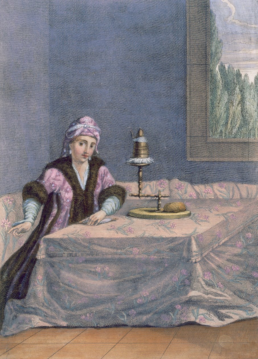 Mulher turca, girando o fio, c.1708 de French School