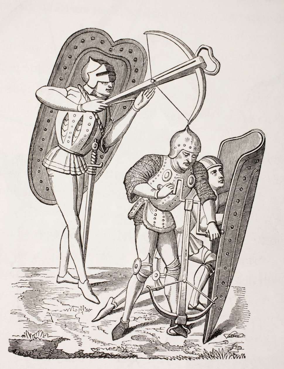 Dois besteiros franceses do século 15, um disparando sua arma, o outro carregando-o com um guincho, ambos protegidos por pavios, de "Les Arts au Moyen Age", publicado em 1873 de French School