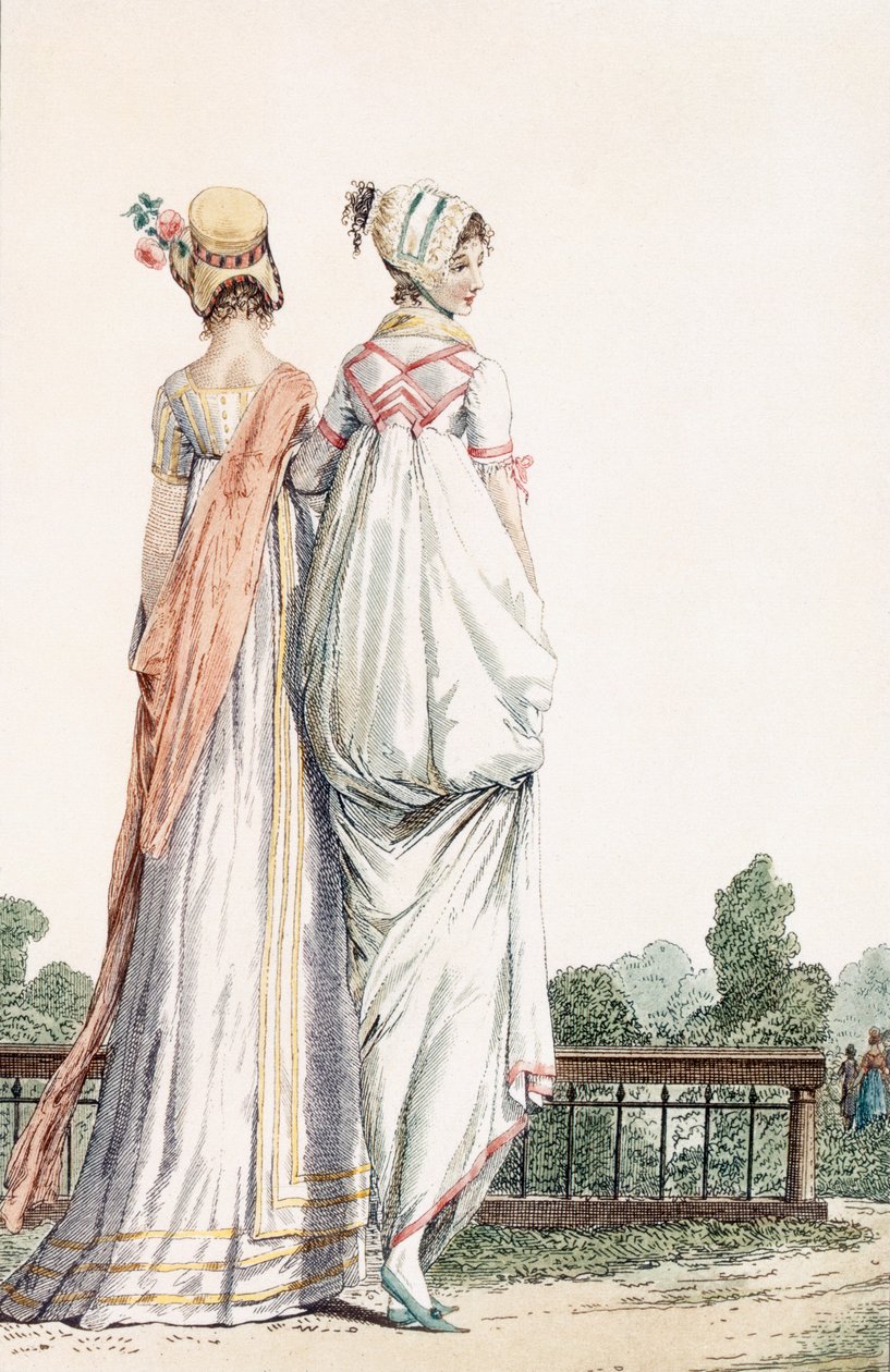 Duas senhoras em vestidos de passeio, 1796 99: feminina; traje tradicional; vestido tradicional; moda; c18th; andando; de volta; vestidos brancos; gorro; capotas; chapéus; parque; jardim; de French School