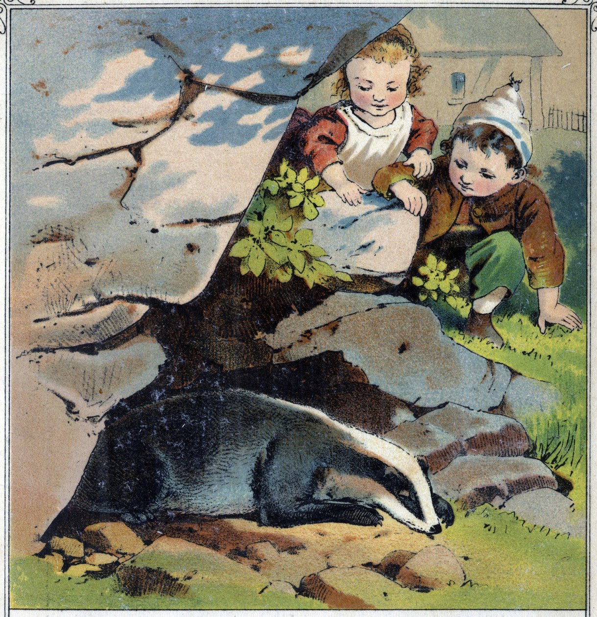 Duas crianças observam um texugo na toca dele. Cromolitografia da "Childhood Scenes" ed. Guerin - Muller por volta de 1885. de French School