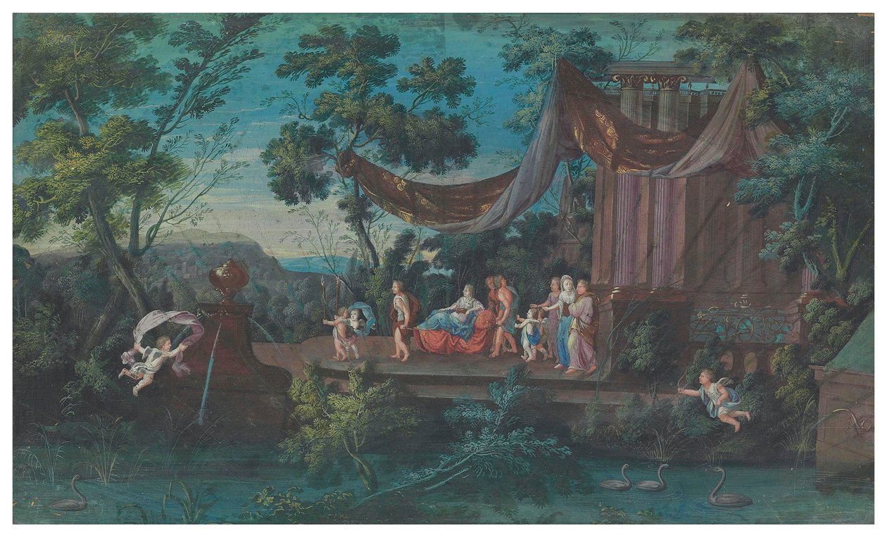 Duas folhas de leque: O carrossel pomposo das valentes amazonas das quatro partes do mundo; e Procissão saindo de um templo acompanhada de putti, segunda metade do século XVII (guache no papel) de French School