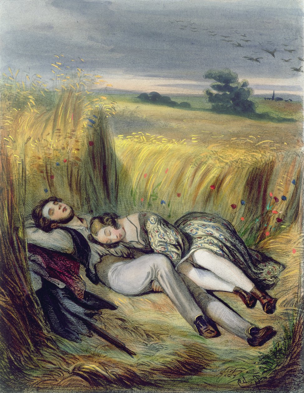 Dois amantes, mentindo, em, um, cornfield de French School