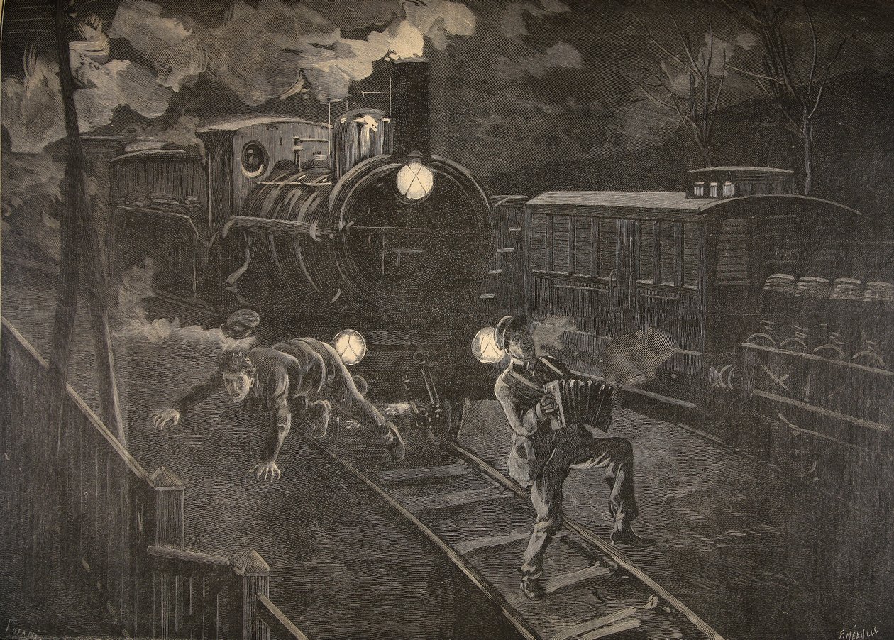 Dois homens atingidos por uma ilustração de trem do Le Petit Journal: Supplement illustre, 1898 de French School