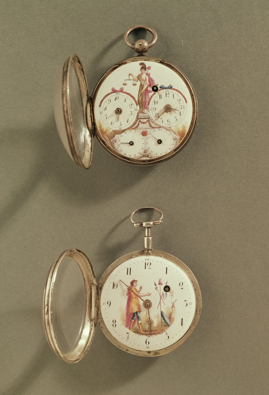 Dois relógios de bolso decorados com símbolos revolucionários (metal e esmalte) de French School